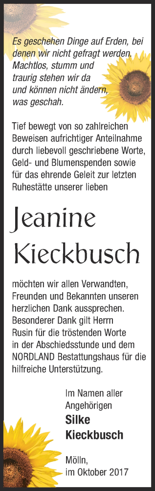 Traueranzeige von Jeanine Kieckbusch von Neubrandenburger Zeitung