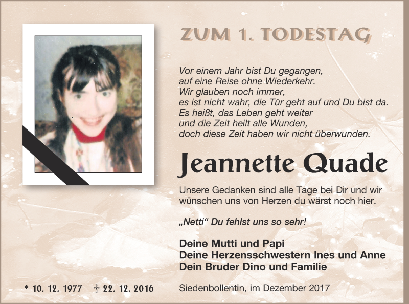  Traueranzeige für Jeannette Quade vom 22.12.2017 aus Neubrandenburger Zeitung