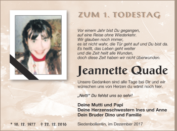 Traueranzeige von Jeannette Quade von Neubrandenburger Zeitung