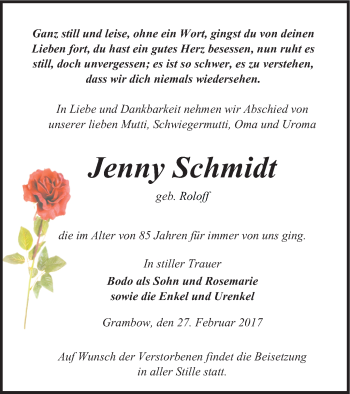 Traueranzeige von Jenny Schmidt von Pasewalker Zeitung