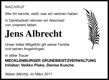 Traueranzeige von Jens Albrecht von Müritz-Zeitung