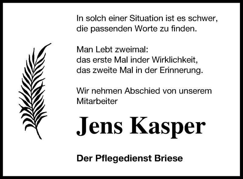  Traueranzeige für Jens Kasper vom 28.04.2018 aus Vorpommern Kurier