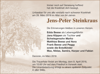 Traueranzeige von Jens-Peter Steinkraus von Demminer Zeitung