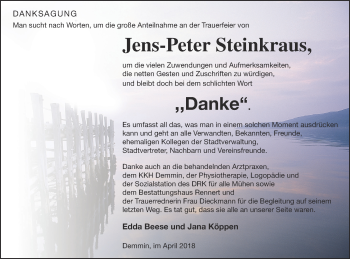 Traueranzeige von Jens-Peter Steinkraus von Demminer Zeitung