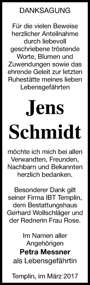 Traueranzeige von Jens Schmidt von Templiner Zeitung