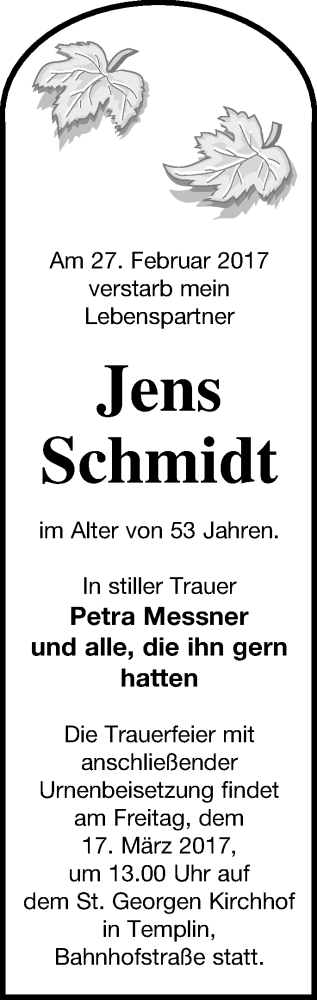 Traueranzeige von Jens Schmidt von Templiner Zeitung