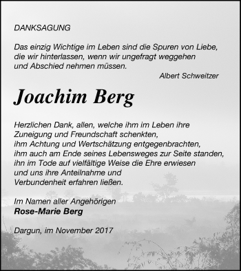 Traueranzeige von Joachim Berg von Mecklenburger Schweiz