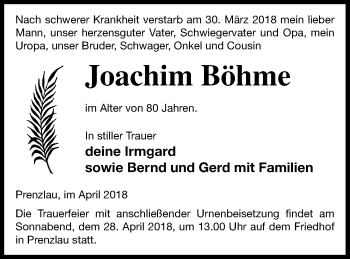 Traueranzeige von Joachim Böhme von Prenzlauer Zeitung