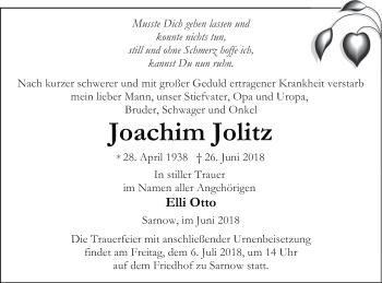 Traueranzeige von Joachim Jolitz von Vorpommern Kurier