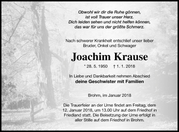 Traueranzeige von Joachim Krause von Neubrandenburger Zeitung