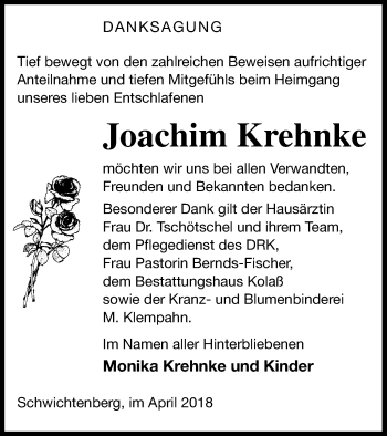 Traueranzeige von Joachim Krehnke von Demminer Zeitung