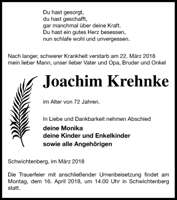 Traueranzeige von Joachim Krehnke von Demminer Zeitung