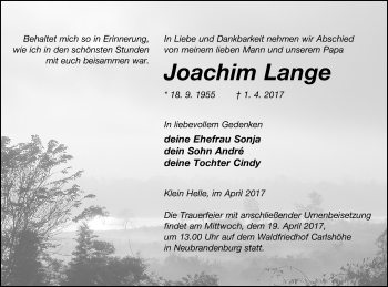 Traueranzeige von Joachim Lange von Neubrandenburger Zeitung