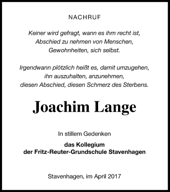 Traueranzeige von Joachim Lange von Mecklenburger Schweiz