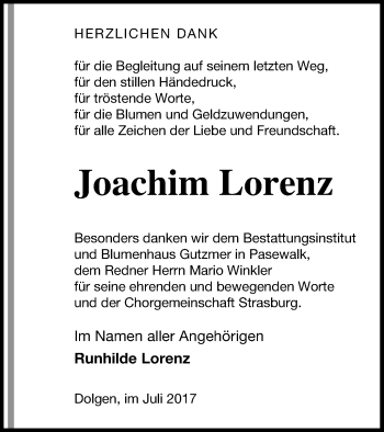 Traueranzeige von Joachim Lorenz von Pasewalker Zeitung