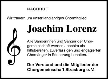 Traueranzeige von Joachim Lorenz von Prenzlauer Zeitung