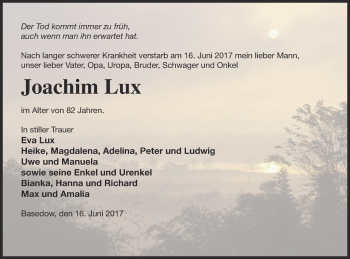 Traueranzeige von Joachim Lux von Mecklenburger Schweiz