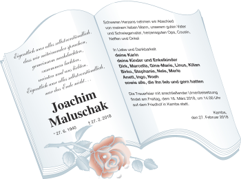 Traueranzeige von Joachim Maluschak von Müritz-Zeitung