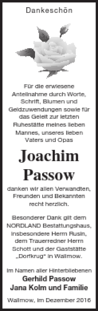 Traueranzeige von Joachim Passow von Prenzlauer Zeitung