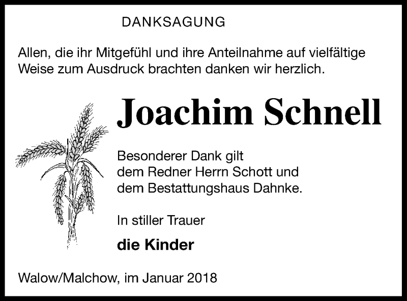  Traueranzeige für Joachim Schnell vom 10.01.2018 aus Müritz-Zeitung