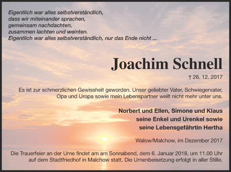  Traueranzeige für Joachim Schnell vom 29.12.2017 aus Müritz-Zeitung