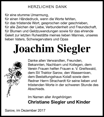 Traueranzeige von Joachim Siegler von Demminer Zeitung