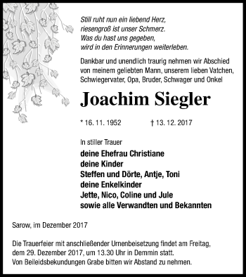 Traueranzeige von Joachim Siegler von Demminer Zeitung