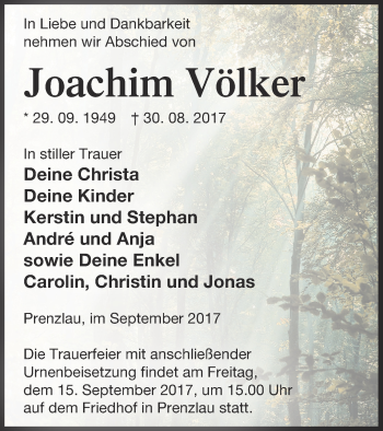 Traueranzeige von Joachim Völker von Prenzlauer Zeitung