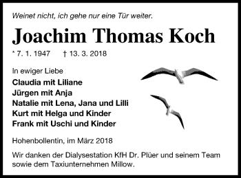 Traueranzeige von Joachim Thomas Koch von Demminer Zeitung