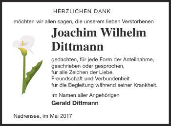 Traueranzeige von Joachim Wilhelm Dittmann von Pasewalker Zeitung