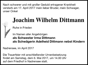 Traueranzeige von Joachim Wilhelm Dittmann von Pasewalker Zeitung