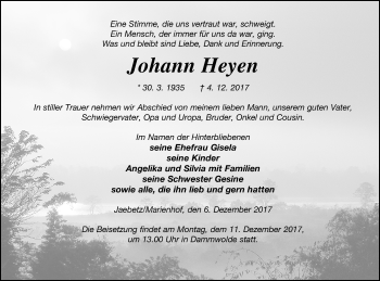 Traueranzeige von Johann Heyen von Müritz-Zeitung