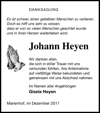 Traueranzeige von Johann Heyen von Müritz-Zeitung