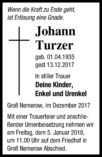 Traueranzeige von Johann Turzer von Müritz-Zeitung