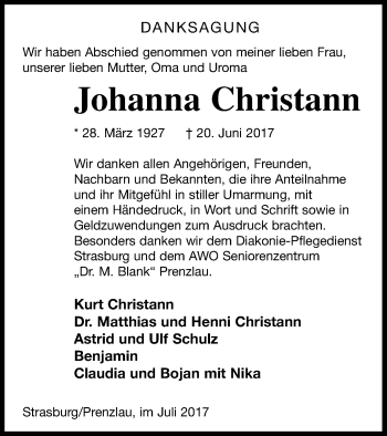 Traueranzeige von Johanna Christann von Pasewalker Zeitung