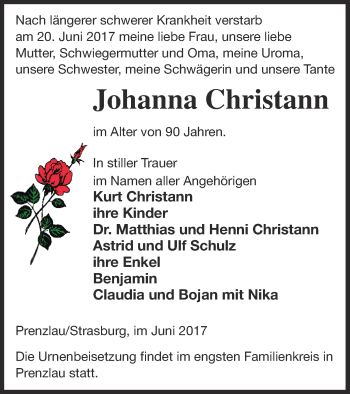 Traueranzeige von Johanna Christann von Pasewalker Zeitung