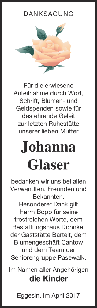 Traueranzeige von Johanna Glaser von Haff-Zeitung