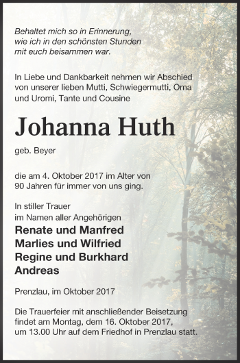 Traueranzeige von Johanna Huth von Prenzlauer Zeitung