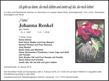 Traueranzeige von Johanna Renkel von Haff-Zeitung