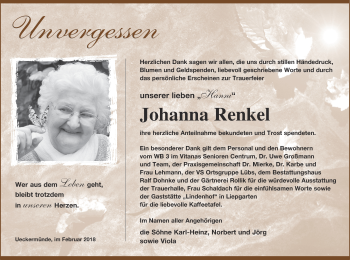 Traueranzeige von Johanna Renkel von Haff-Zeitung