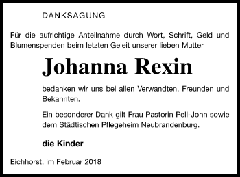 Traueranzeige von Johanna Rexin von Neubrandenburger Zeitung