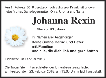 Traueranzeige von Johanna Rexin von Neubrandenburger Zeitung