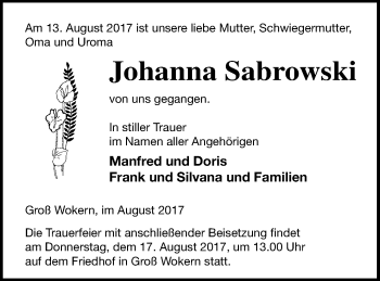 Traueranzeige von Johanna Sabrowski von Mecklenburger Schweiz