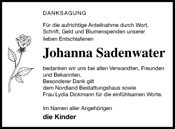 Traueranzeige von Johanna Sadenwater von Neubrandenburger Zeitung