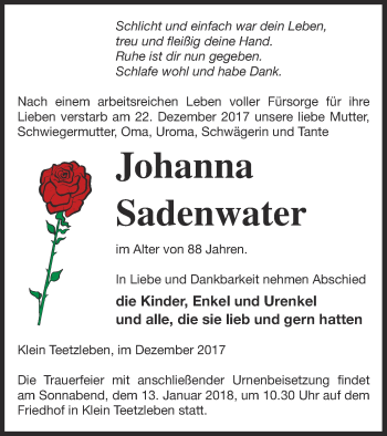 Traueranzeige von Johanna Sadenwater von Neubrandenburger Zeitung