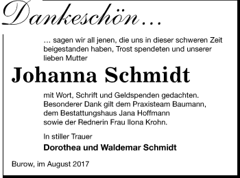 Traueranzeige von Johanna Schmidt von Neubrandenburger Zeitung