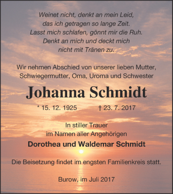 Traueranzeige von Johanna Schmidt von Neubrandenburger Zeitung