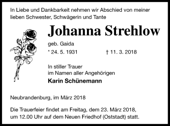 Traueranzeige von Johanna Strehlow von Neubrandenburger Zeitung