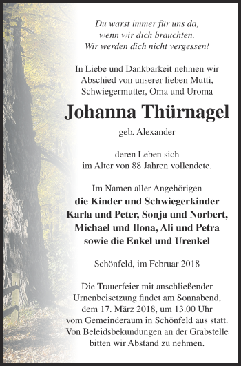 Traueranzeige von Johanna Thürnagel von Prenzlauer Zeitung