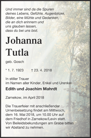 Traueranzeige von Johanna Tutla von Demminer Zeitung